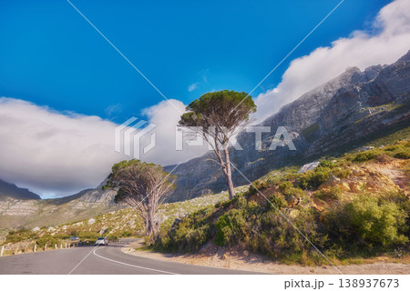 Countryside road by winding through the mountains on a scenic day. Street on the mountain with green trees and cloudy blue sky copy space. A nature path for traveling or hiking in Cape Town 138937673