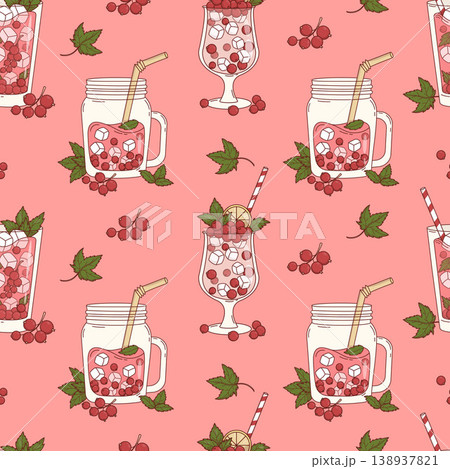 Red Currant Summer Drinks Seamless Pattern. Fresh Cocktail with Ice Cubes, Berries, Mint and Lemon on Pink Background. Square template. Vector Illustration Red Currant Summer Drinks Seamless Pattern. Fresh Cocktail with Ice Cubes, Berries, Mint and Lemon on Pink Background. Square template. Vector Illustration 138937821