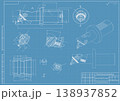 Mechanical engineering drawings on blue background. Cutting tools, milling cutter. Technical Design. Cover. Blueprint. Horizontal seamless pattern. Vector illustration. 138937852