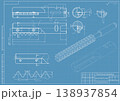 Mechanical engineering drawings on blue background. Cutting tools, milling cutter. Technical Design. Cover. Blueprint. Horizontal seamless pattern. Vector illustration. 138937854