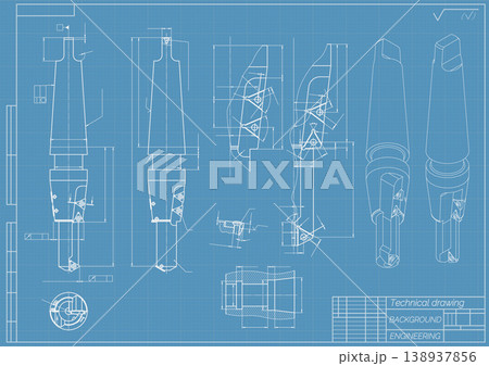 Mechanical engineering drawings on blue background. Cutting tools, milling cutter. Technical Design. Cover. Blueprint. Horizontal seamless pattern. Vector illustration. Mechanical engineering drawings on blue background. Cutting tools, milling cutter. Technical Design. Cover. Blueprint. Horizontal seamless pattern. Vector illustration. 138937856