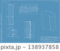 Mechanical engineering drawings on blue background. Cutting tools, milling cutter. Technical Design. Cover. Blueprint. Horizontal seamless pattern. Vector illustration. 138937858