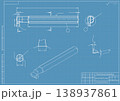 Mechanical engineering drawings on blue background. Cutting tools, milling cutter. Technical Design. Cover. Blueprint. Horizontal seamless pattern. Vector illustration. 138937861