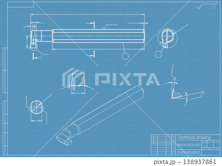 Mechanical engineering drawings on blue background. Cutting tools, milling cutter. Technical Design. Cover. Blueprint. Horizontal seamless pattern. Vector illustration. Mechanical engineering drawings on blue background. Cutting tools, milling cutter. Technical Design. Cover. Blueprint. Horizontal seamless pattern. Vector illustration. 138937861