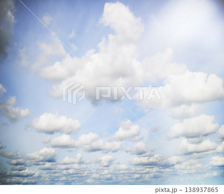 Blue sky, clouds and nature, light and landscape with sun, environment and elements. Atmosphere, texture and Earth with day time, cloudy weather and outdoor with heaven, peace and background 138937865
