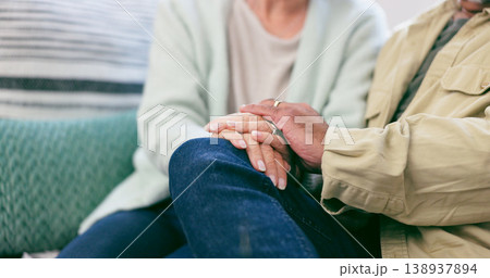 Love, closeup and senior couple holding hands in living room at home for marriage together. Support, comfort and elderly man and woman with affection for relationship in the lounge at modern house. Love, closeup and senior couple holding hands in living room at home for marriage together. Support, comfort and elderly man and woman with affection for relationship in the lounge at modern house. 138937894