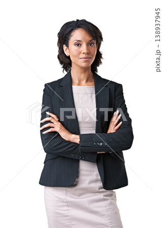 Businesswoman, portrait or arms crossed professional in studio or career confident, style or formal fashion. Black person, face or mockup space white background or pride, job clothes or suit blazer Businesswoman, portrait or arms crossed professional in studio or career confident, style or formal fashion. Black person, face or mockup space white background or pride, job clothes or suit blazer 138937945