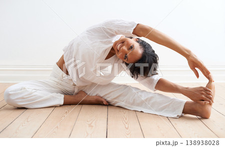 Exercise, stretching and yoga, portrait of happy woman in gym or fitness studio for health, wellness and energy. Relax, warm up and smile, girl in floor workout for balance, body care and pilates. Exercise, stretching and yoga, portrait of happy woman in gym or fitness studio for health, wellness and energy. Relax, warm up and smile, girl in floor workout for balance, body care and pilates. 138938028