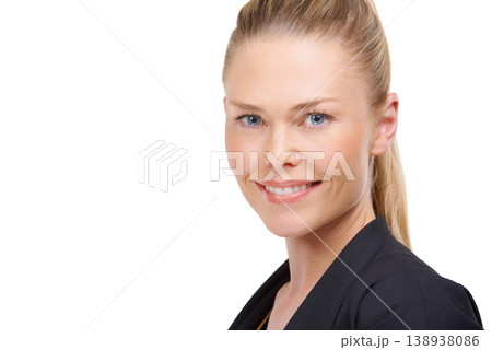 Portrait, smile and banner with a business woman in studio isolated on a white background for work. Face, space and a happy young corporate employee looking confident as a professional in her career Portrait, smile and banner with a business woman in studio isolated on a white background for work. Face, space and a happy young corporate employee looking confident as a professional in her career 138938086