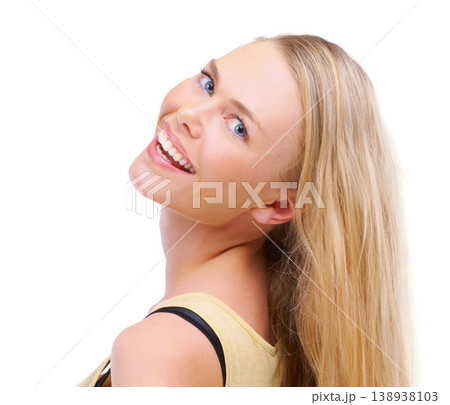 Portrait, smile and hair with a woman in studio isolated on white background for spa or salon treatment. Face, beauty or skincare and a happy young model with a natural haircare aesthetic or texture 138938103