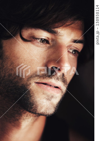 Man, stress and thinking on issues in closeup, anxiety and depressed by plan fail for future. Male person, isolated and bad mental health by black background, concern and mistake in life crisis Man, stress and thinking on issues in closeup, anxiety and depressed by plan fail for future. Male person, isolated and bad mental health by black background, concern and mistake in life crisis 138938114