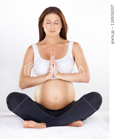 Yoga, meditation and pregnancy with woman, fitness and wellness with peace, breath and chakra. Yogi, home or girl with lotus, workout or calm with pilates, zen or exercise with health or pregnant 138938207