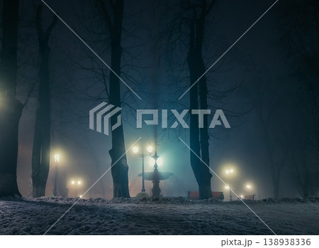 Big fontaine of a night winter park in a fog. Footpath in a fabulous winter city park at night in fog with benches and patterns. Beautiful foggy evening in the Mariinsky Park. Kyiv, Ukraine. Big fontaine of a night winter park in a fog. Footpath in a fabulous winter city park at night in fog with benches and patterns. Beautiful foggy evening in the Mariinsky Park. Kyiv, Ukraine. 138938336