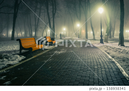 Alley of a night winter park in a fog. Footpath in a fabulous winter city park at night in fog with benches and latterns. Beautiful foggy evening in the Mariinsky Park. Kyiv, Ukraine. 138938341