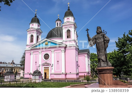 Chernivtsi Pink Colored Holy Spirit Cathedral Side View with Metropolitan Evgeny Statue 138938359