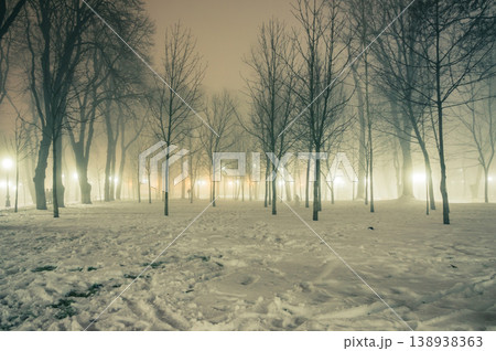 Lawn in the snow and alley of a night winter park in a fog. Footpath in a winter city park at night in fog with benches and latterns. Beautiful foggy evening in the Mariinsky Park. Kyiv, Ukraine. Lawn in the snow and alley of a night winter park in a fog. Footpath in a winter city park at night in fog with benches and latterns. Beautiful foggy evening in the Mariinsky Park. Kyiv, Ukraine. 138938363