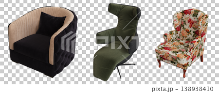 armchair isolate on a transparent background, comfortable furniture for home interior, 3D illustration, cg render armchair isolate on a transparent background, comfortable furniture for home interior, 3D illustration, cg render 138938410