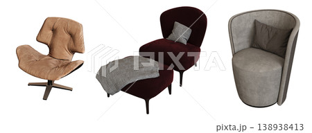 armchair isolate on a transparent background, comfortable furniture for home interior, 3D illustration, cg render armchair isolate on a transparent background, comfortable furniture for home interior, 3D illustration, cg render 138938413