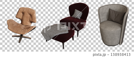 armchair isolate on a transparent background, comfortable furniture for home interior, 3D illustration, cg render armchair isolate on a transparent background, comfortable furniture for home interior, 3D illustration, cg render 138938413