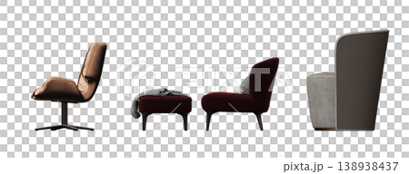 armchair isolate on a transparent background, comfortable furniture for home interior, 3D illustration, cg render armchair isolate on a transparent background, comfortable furniture for home interior, 3D illustration, cg render 138938437