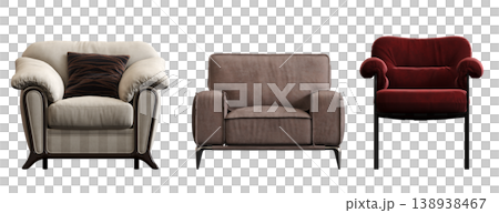 armchair isolate on a transparent background, comfortable furniture for home interior, 3D illustration, cg render armchair isolate on a transparent background, comfortable furniture for home interior, 3D illustration, cg render 138938467