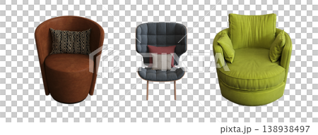 armchair isolate on a transparent background, comfortable furniture for home interior, 3D illustration, cg render armchair isolate on a transparent background, comfortable furniture for home interior, 3D illustration, cg render 138938497