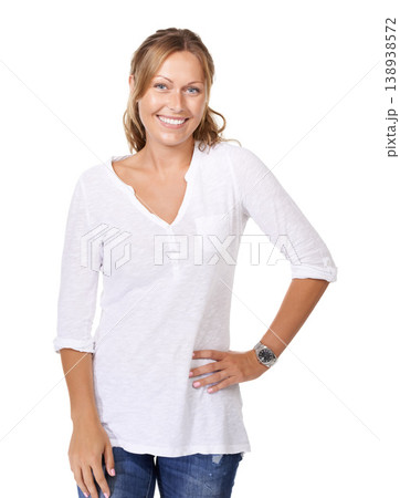 Smile, fashion and portrait of woman in a studio with casual, trendy and stylish outfit. Happy, attractive and beautiful young female model from Australia with cool style isolated by white background 138938572