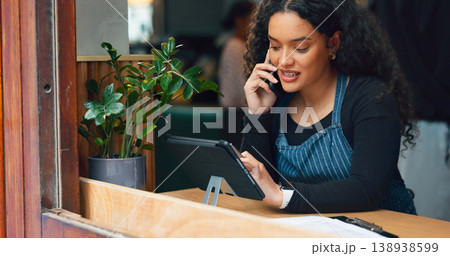 Phone call, coffee shop or woman on tablet for small business logistics, social media update. Manager, talking or barista reading sale price on technology app for an order in cafe startup or website 138938599