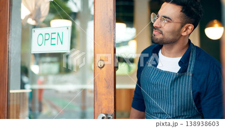 Manager, small business or open sign on front door in cafe or restaurant for service or advertising. Ready, start or waiter by a board, poster or welcome message in entrance of diner or coffee shop Manager, small business or open sign on front door in cafe or restaurant for service or advertising. Ready, start or waiter by a board, poster or welcome message in entrance of diner or coffee shop 138938603