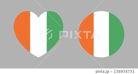 Flag of Republic of Ivory Coast badge. Set of heart shaped, circle flag button, sticker, icon. National Ivory Coast flag round, heart, background, banner. 138938731