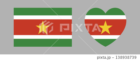 National flag of Suriname heart shaped, rectangular icon, sticker set. Suriname flag rectangle, heart button, badge. Flag background, banner. National flag of Suriname heart shaped, rectangular icon, sticker set. Suriname flag rectangle, heart button, badge. Flag background, banner. 138938739