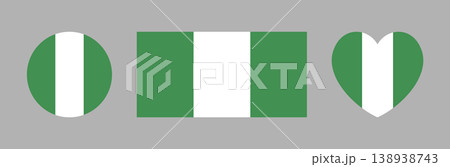 Flag of Nigeria heart shaped, round, rectangular icon, sticker. National Nigeria flag badge. Set of Nigerian flag heart, rectangle, circle button, background. Nigeria flag banner. 138938743