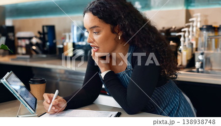 Business owner, phone call or writing for cafe order, restaurant logistics or food management. Supply chain checklist, notebook or woman in mobile communication for stock inventory in coffee shop 138938748