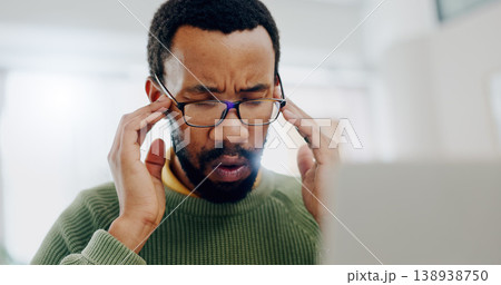 Man, stress or temple at laptop work deadline, thoughts or headache. Black person, hand massage or tired overworked thinking at office or email anxiety job burnout depression, frustrated or overwhelm 138938750