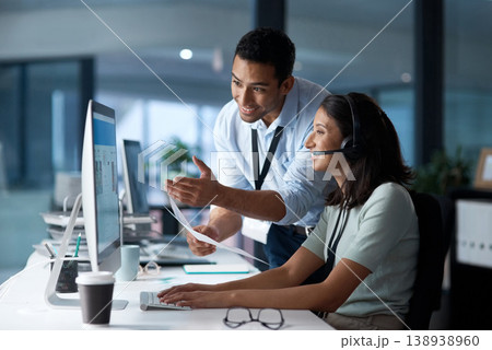 Call center, team and people with computer for help, customer service or training document in office. Contact us, man and happy woman with tech for coaching intern, support or advice with paperwork 138938960