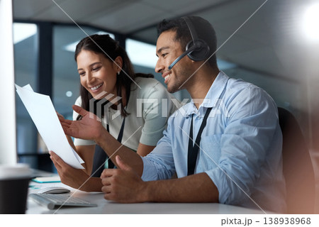 Call center, team and people with paperwork for training, contact us or help with crm in office. Customer service, man and happy woman with document for coaching intern, support or advice in meeting 138938968