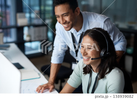 Call center, team and people with computer for coaching, customer service or help with crm in office. Contact us, man and happy woman with tech for training intern, support or advice with feedback 138939082