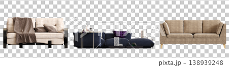 comfortable soft sofa isolated on transparent background, interior furniture, 3D illustration, cg render 138939248