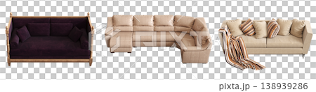 comfortable soft sofa isolated on transparent background, interior furniture, 3D illustration, cg render 138939286