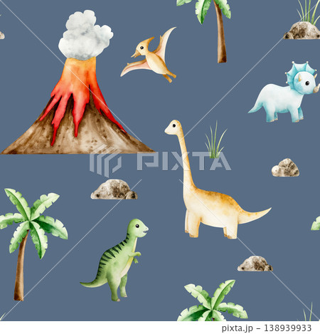 Seamless pattern with dinosaurs, volcano eruption, palm tree, sun and clouds. Watercolor hand drawn prehistoric triceratops, diplodocus, Spinosaurus, Brachiosaurus animal. Isolated illustration on 138939933