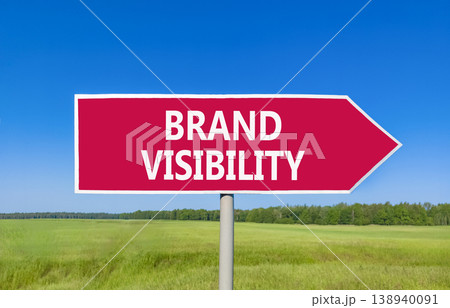 Brand visibility symbol. Concept words Brand visibility on beautiful red road sign. Beautiful blue sky green grass field background. Business branding and brand visibility concept. Copy space. Brand visibility symbol. Concept words Brand visibility on beautiful red road sign. Beautiful blue sky green grass field background. Business branding and brand visibility concept. Copy space. 138940091