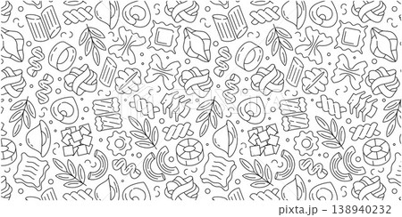 Italian pasta seamless pattern outline, linear food background, spaghetti, penne, fusilli, ravioli, repeat texture illustration 138940232