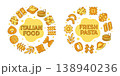 Italian pasta round colored compositions with text, food circle designs, spaghetti, penne, fusilli, ravioli labels illustration 138940236