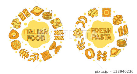 Italian pasta round colored compositions with text, food circle designs, spaghetti, penne, fusilli, ravioli labels illustration 138940236