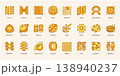 Italian pasta colored icons set with names, food design elements, spaghetti penne fusilli ravioli illustration 138940237