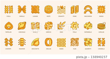 Italian pasta colored icons set with names, food design elements, spaghetti penne fusilli ravioli illustration 138940237