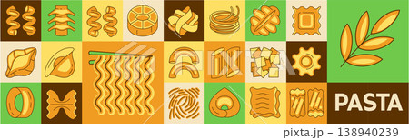 Italian pasta mosaic seamless pattern, banner with colorful food ornament, spaghetti, penne, fusilli, ravioli design 138940239
