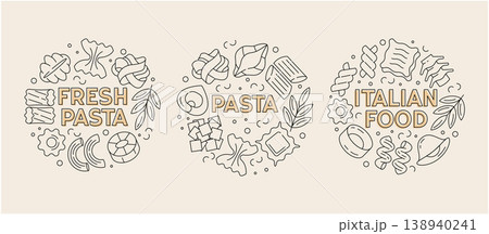 Italian pasta round compositions set, linear outline food designs, spaghetti, penne, fusilli, ravioli, circle layout illustration Italian pasta round compositions set, linear outline food designs, spaghetti, penne, fusilli, ravioli, circle layout illustration 138940241