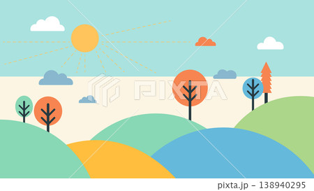 Stylized landscape with rolling hills, trees, and clouds under a blue sky 138940295
