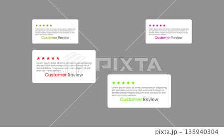 Customer review testimonial cards with five star rating and feedback text 138940304